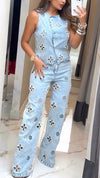 Ladies Round Neck Printed Hollow Nail Bead Denim Casual Set