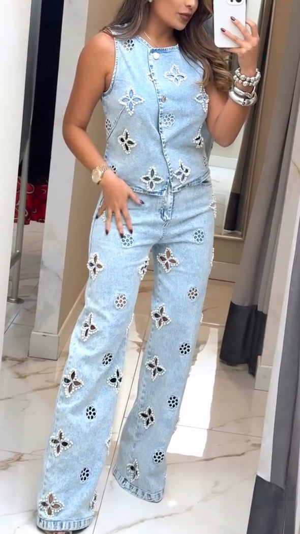 Ladies Round Neck Printed Hollow Nail Bead Denim Casual Set