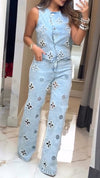 Ladies Round Neck Printed Hollow Nail Bead Denim Casual Set