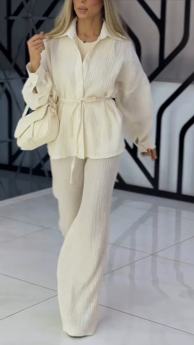 Women Lapel Top + Pants Solid Color Casual Suit