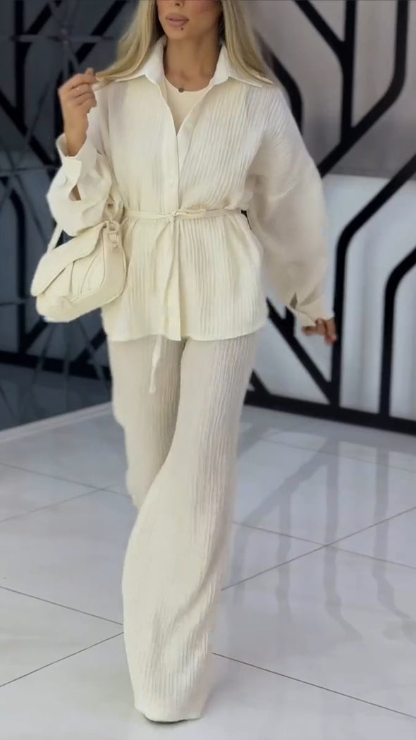 Women Lapel Top + Pants Solid Color Casual Suit