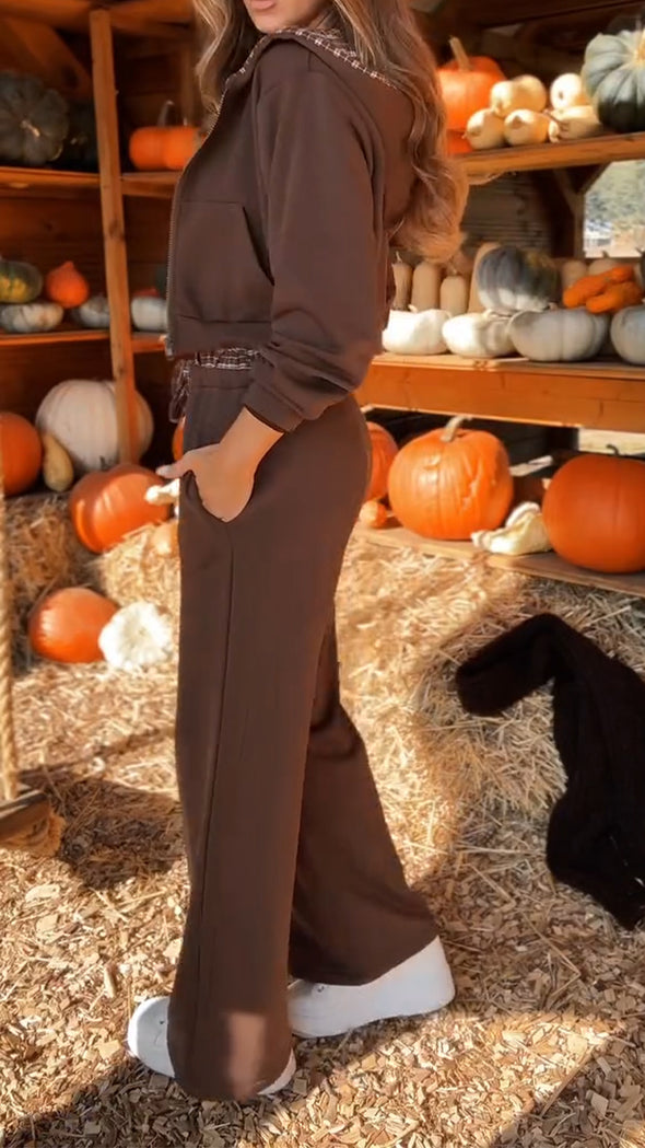 Women Hooded Plaid Jacket + Pants Casual Suit
