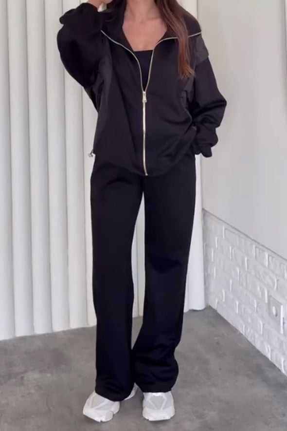 Women Fashion Contrast Color Stitching Jacket + Pants Suit