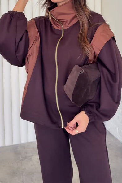 Women Fashion Contrast Color Stitching Jacket + Pants Suit