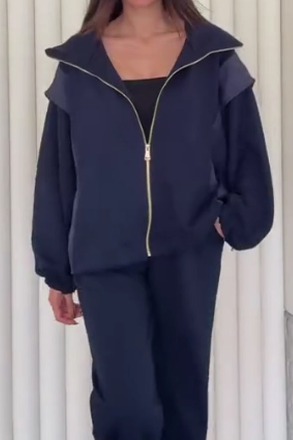 Women Fashion Contrast Color Stitching Jacket + Pants Suit
