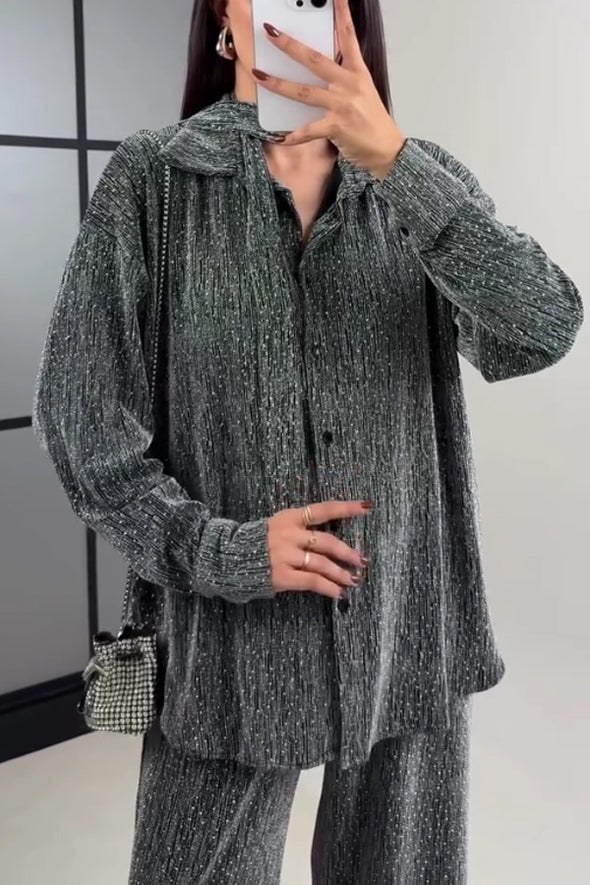 Women Elegant Party Rhinestone Sparkling Shirt + Pants Suit