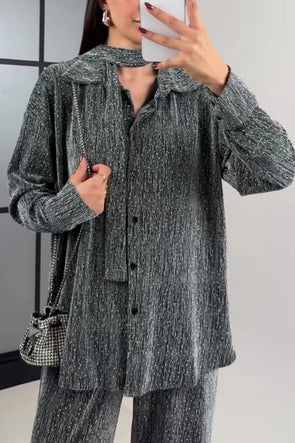 Women Elegant Party Rhinestone Sparkling Shirt + Pants Suit