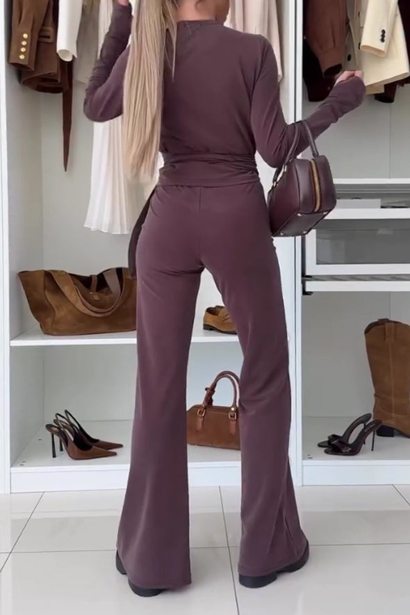 Women Elegant Deep V Slim Fit T-Shirt+Pants Suit