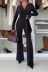 Women Elegant Deep V Slim Fit T-Shirt+Pants Suit
