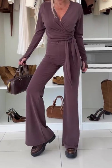 Women Elegant Deep V Slim Fit T-Shirt+Pants Suit