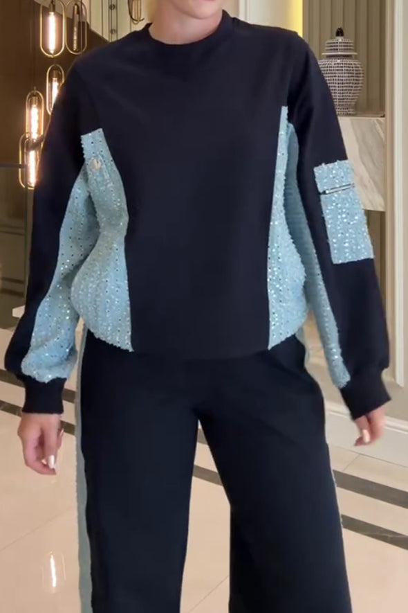 Women Casual Sequined Stitching Contrast Color Sweatshirt + Pants Suit