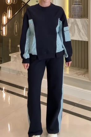 Women Casual Sequined Stitching Contrast Color Sweatshirt + Pants Suit