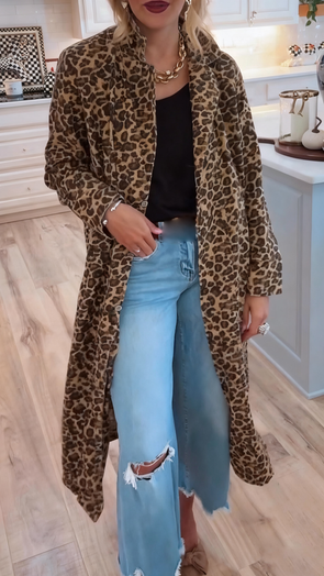 Women Lapel Leopard Print Temperament Casual Coat