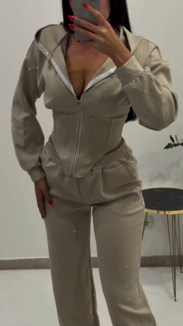 Women Lapel Irregular Hot Diamond Top + Pants Casual Suit