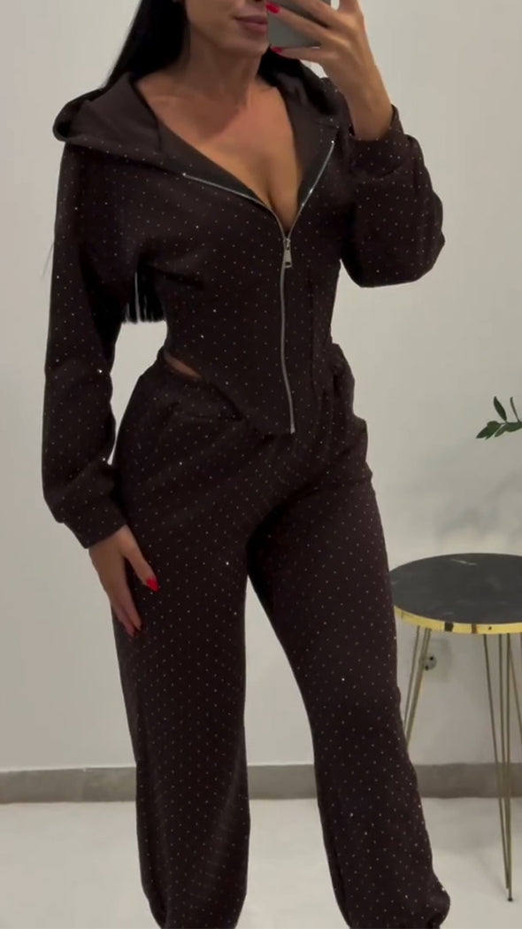 Women Lapel Irregular Hot Diamond Top + Pants Casual Suit