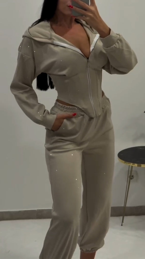 Women Lapel Irregular Hot Diamond Top + Pants Casual Suit