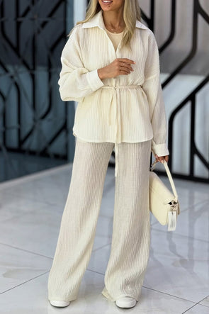 Women Lapel Top + Pants Solid Color Casual Suit
