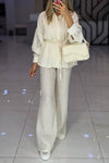 Women Lapel Top + Pants Solid Color Casual Suit