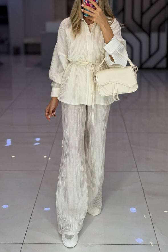 Women Lapel Top + Pants Solid Color Casual Suit