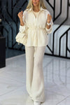 Women Lapel Top + Pants Solid Color Casual Suit