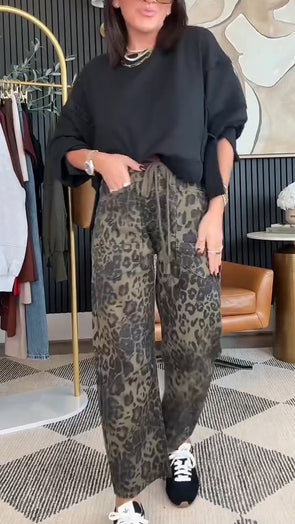 Women Round Neck Top + Printed Pants Casual Suit