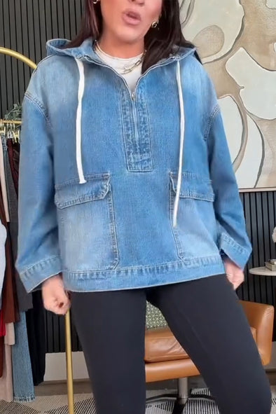 Women Hooded Half-zip Washed Denim Top