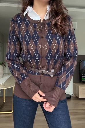 Women Vintage Diamond Knit Cardigan