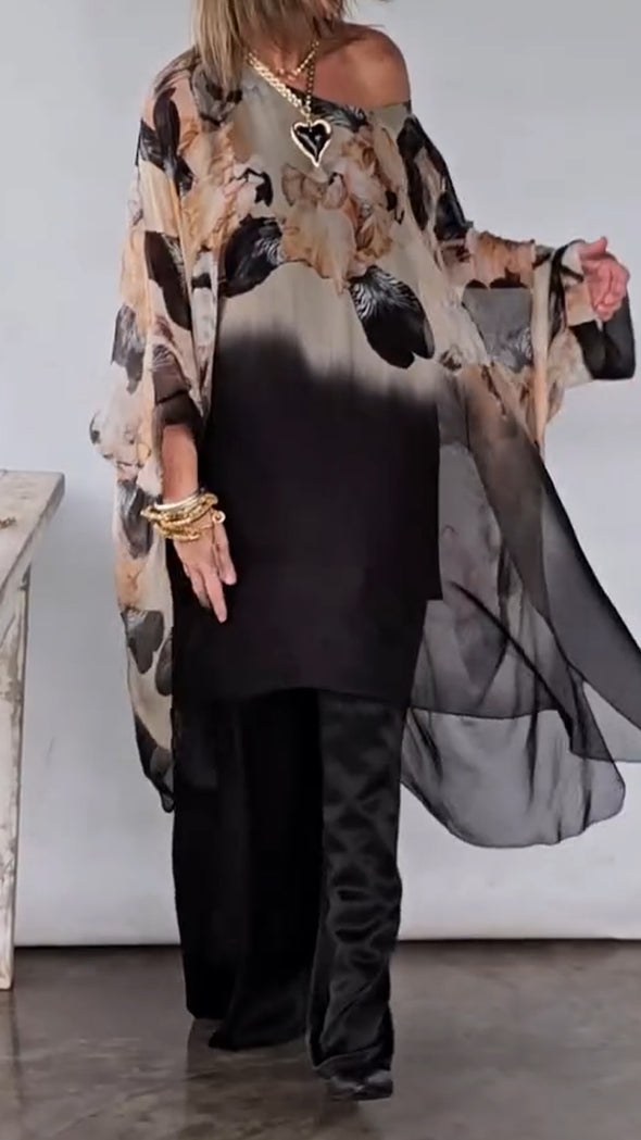 Women Round Neck Printed Irregular Top + Pants Casual Suit