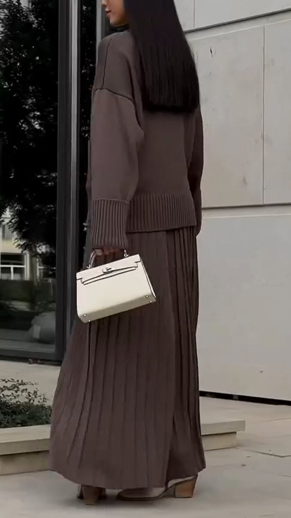 Women Turtleneck Knitted Top + Pleated Pants Casual Set
