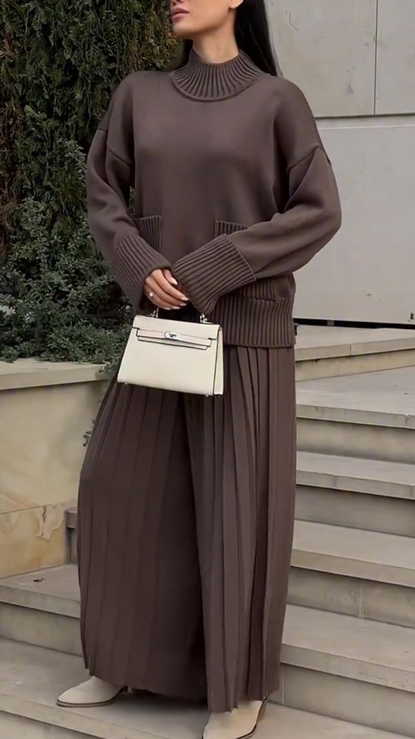 Women Turtleneck Knitted Top + Pleated Pants Casual Set