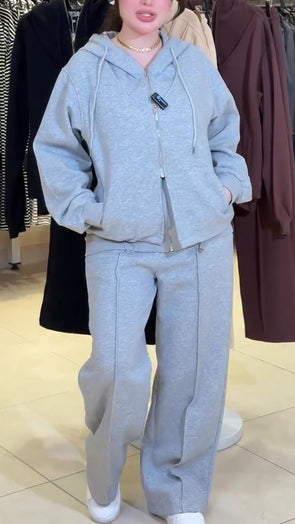 Women Round Neck Hooded Sweatshirt + Pants Solid Color Casual Suit
