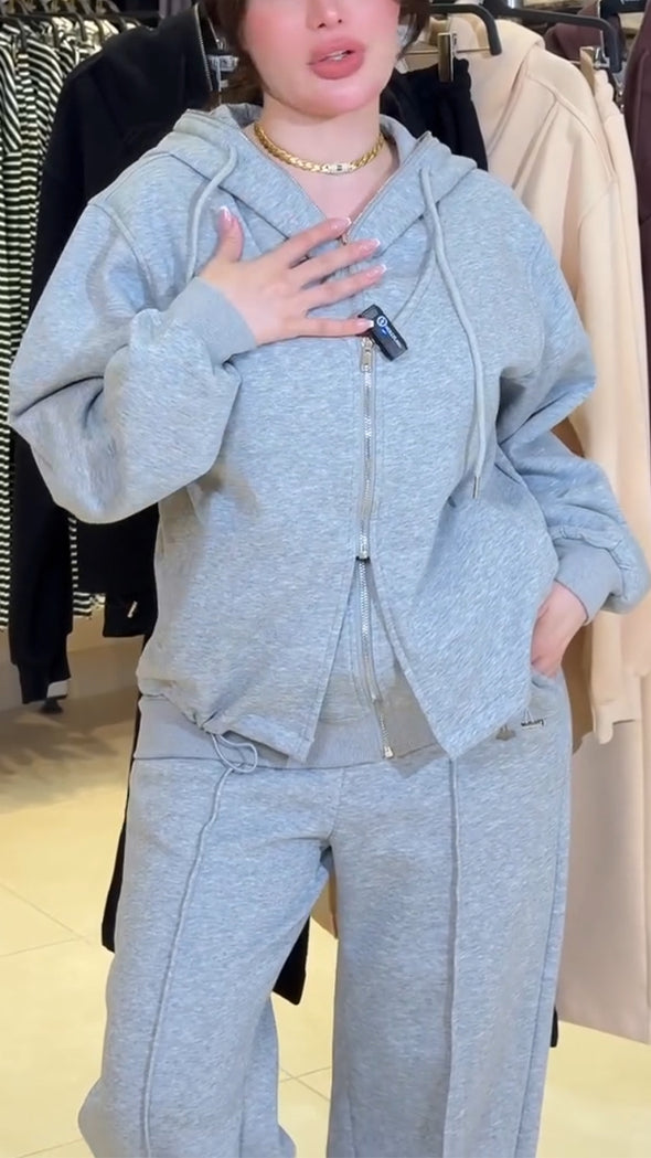 Women Round Neck Hooded Sweatshirt + Pants Solid Color Casual Suit