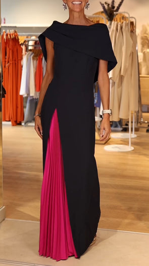 Women Round Neck Stitching Contrast Color Temperament Elegant Dress