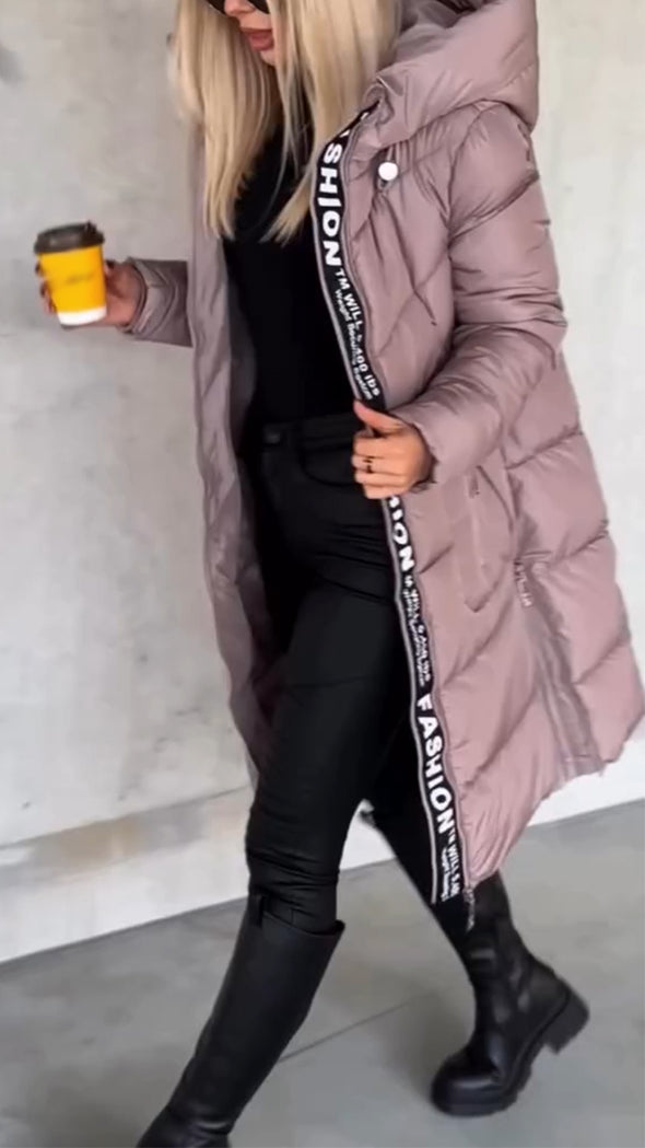 Women Hooded Patchwork Printed Letter Casual Coat