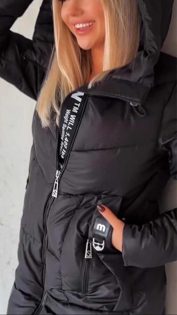Women Hooded Patchwork Printed Letter Casual Coat