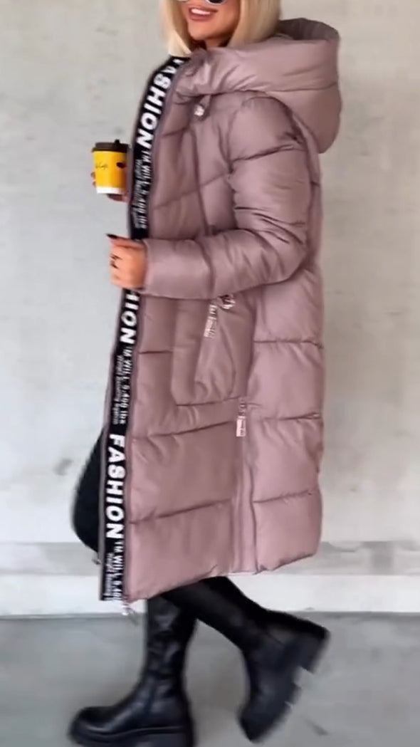 Women Hooded Patchwork Printed Letter Casual Coat