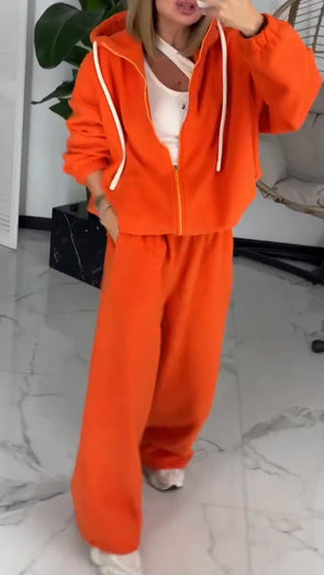Women Round Neck Hooded Jacket + Pants Casual Suit