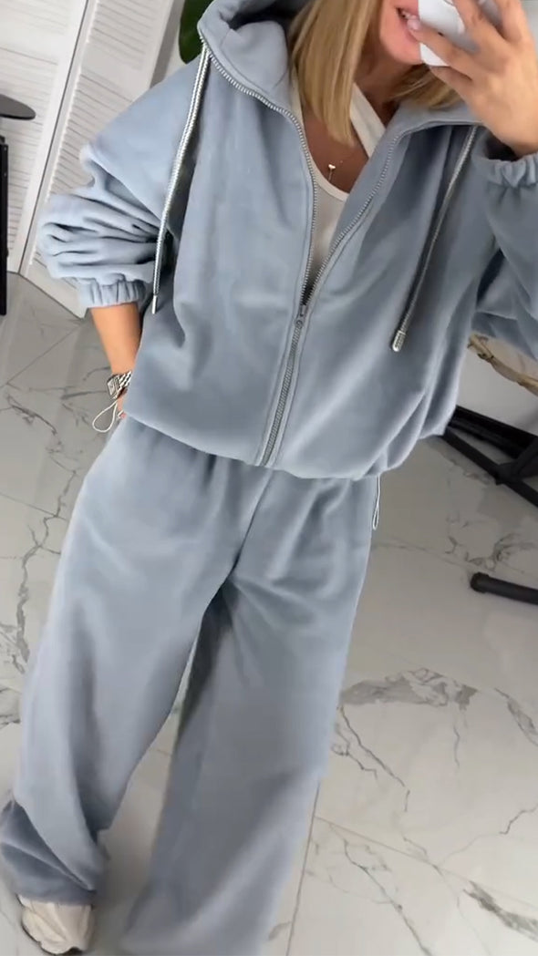Women Round Neck Hooded Jacket + Pants Casual Suit