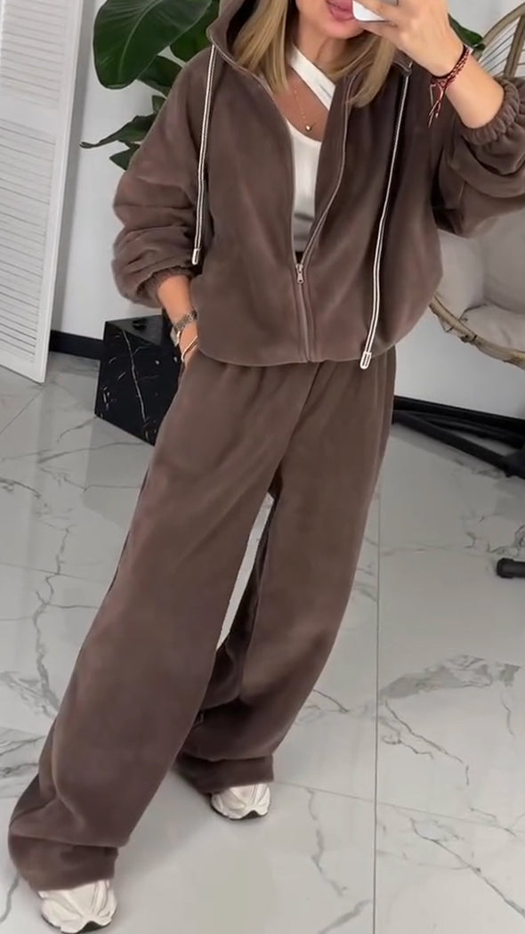 Women Round Neck Hooded Jacket + Pants Casual Suit