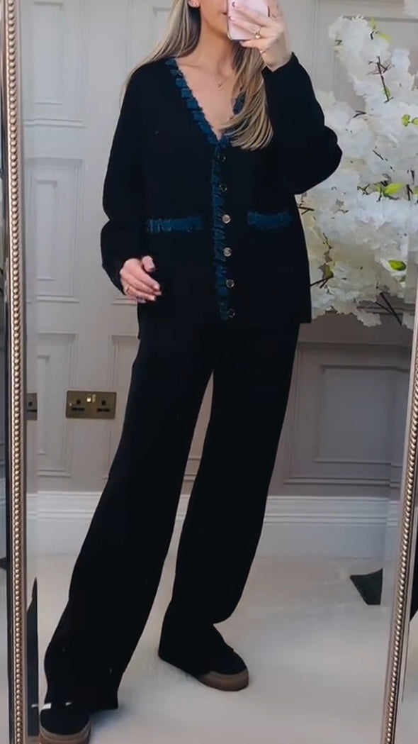 Women Button-down Cardigan + Pants Casual Suit