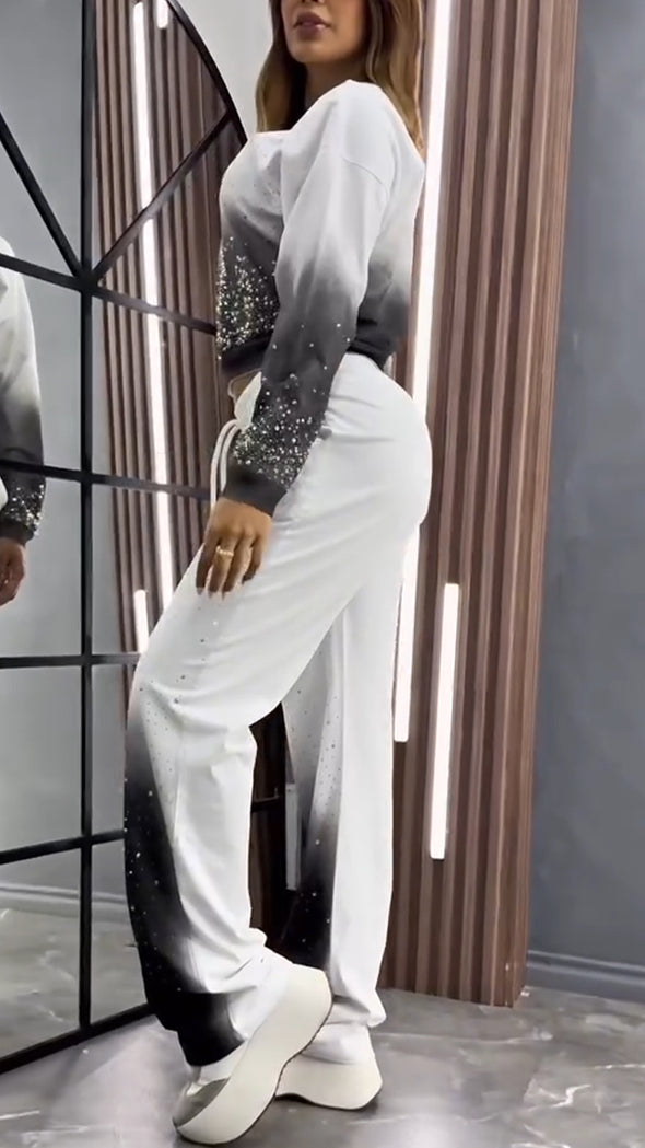 Women Round Neck Gradient Hot Diamond Casual Suit