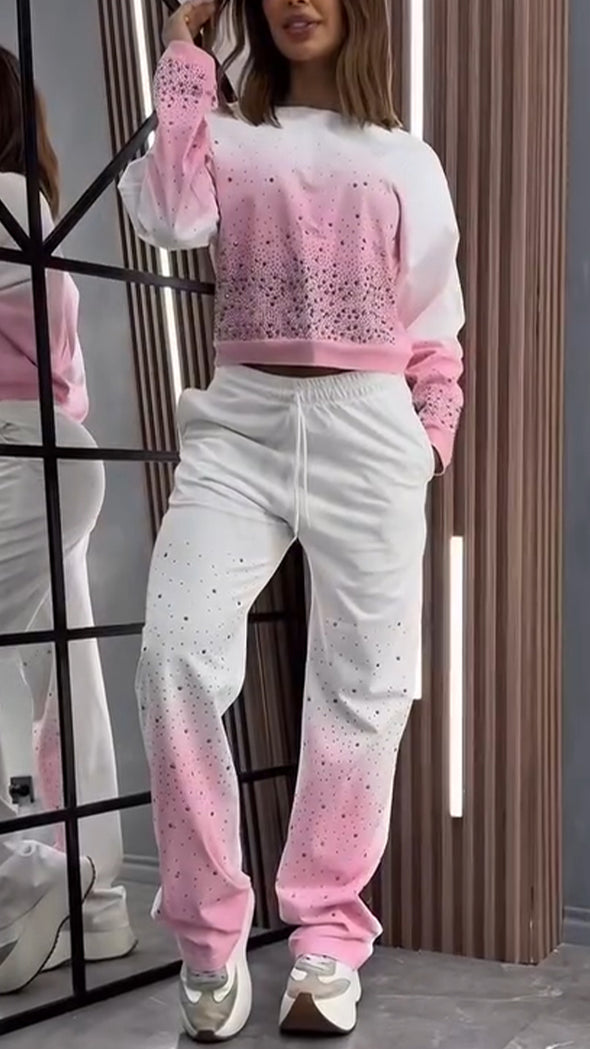 Women Round Neck Gradient Hot Diamond Casual Suit