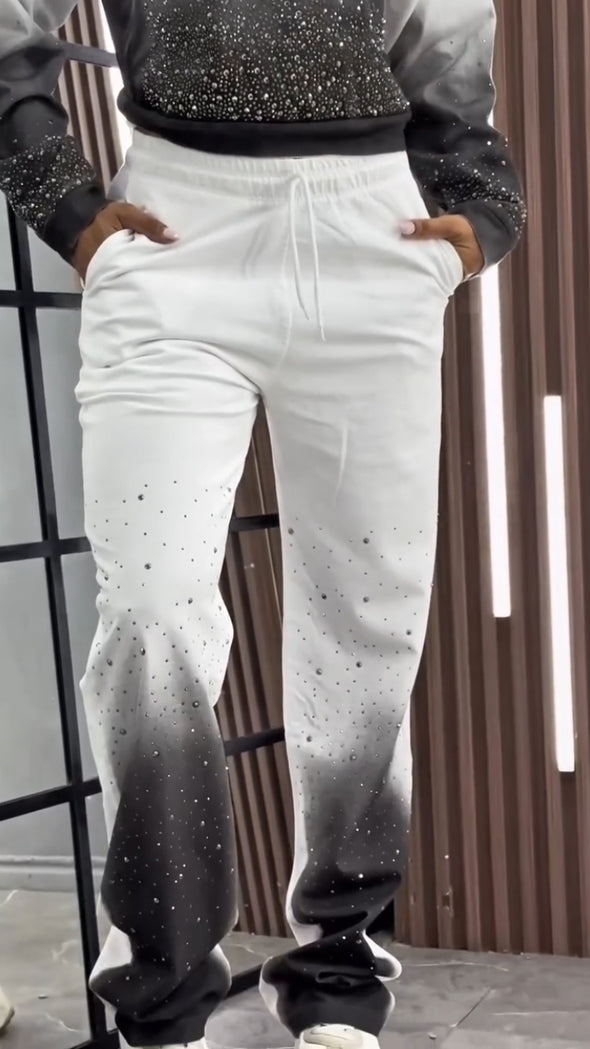 Women Round Neck Gradient Hot Diamond Casual Suit