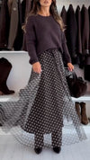 Women Round Neck Knitted Top + Polka Dot Skirt Casual Suit