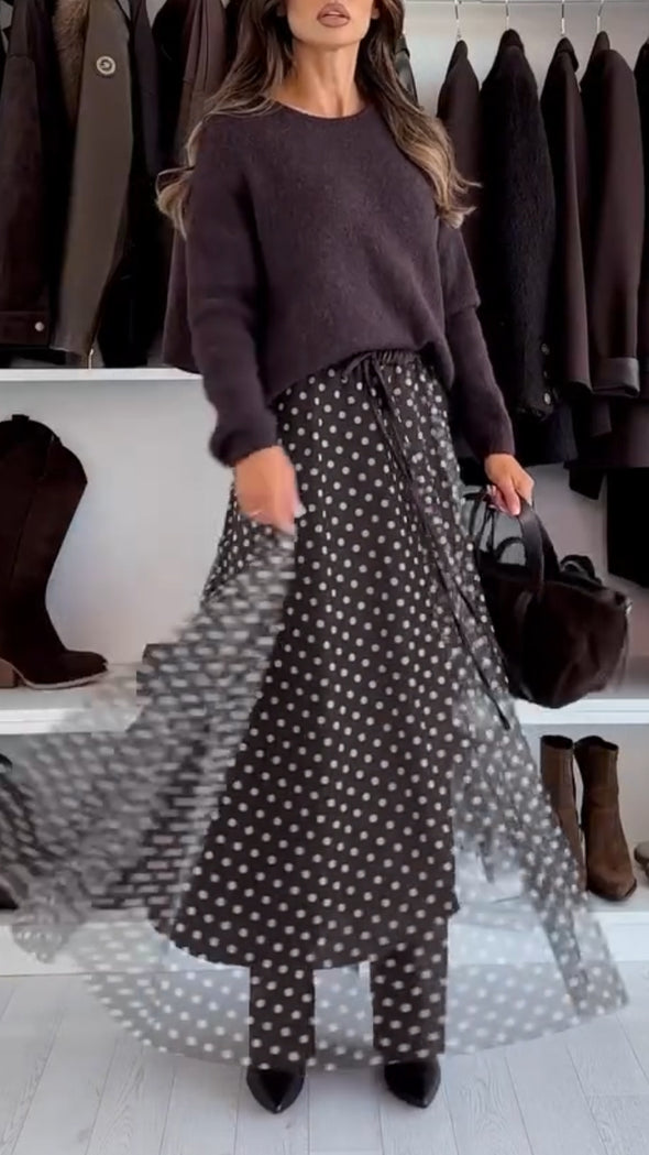 Women Round Neck Knitted Top + Polka Dot Skirt Casual Suit