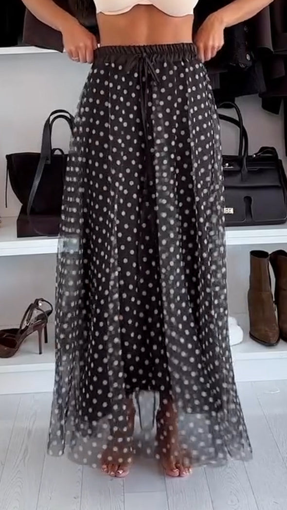 Women Round Neck Knitted Top + Polka Dot Skirt Casual Suit