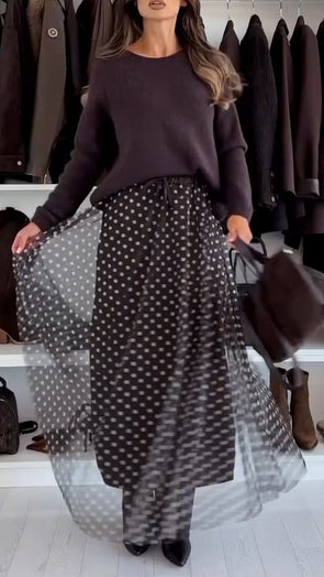 Women Round Neck Knitted Top + Polka Dot Skirt Casual Suit