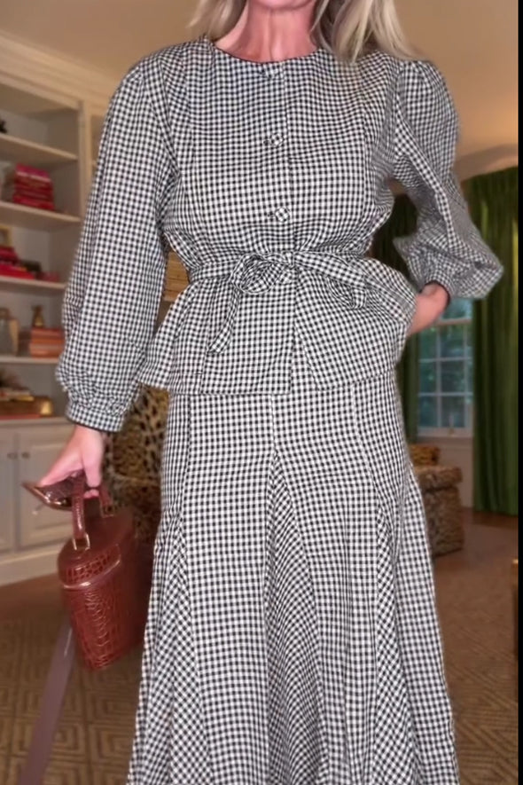 Women Round Neck Tie Plaid Top + Irregular Fishtail Skirt Set