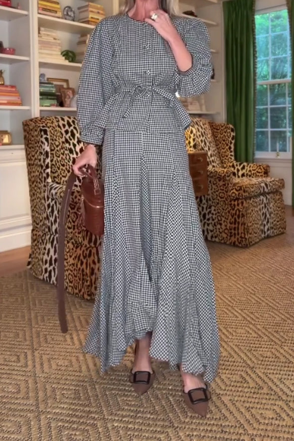 Women Round Neck Tie Plaid Top + Irregular Fishtail Skirt Set