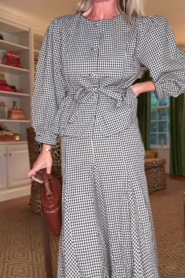 Women Round Neck Tie Plaid Top + Irregular Fishtail Skirt Set